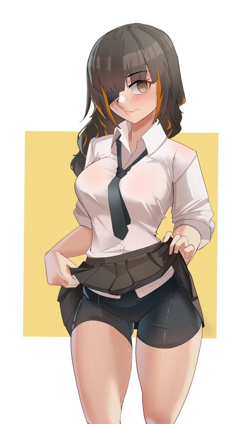 1girl, @_@, bike_shorts, black_hair, black_necktie, black_shorts, black_skirt, blush