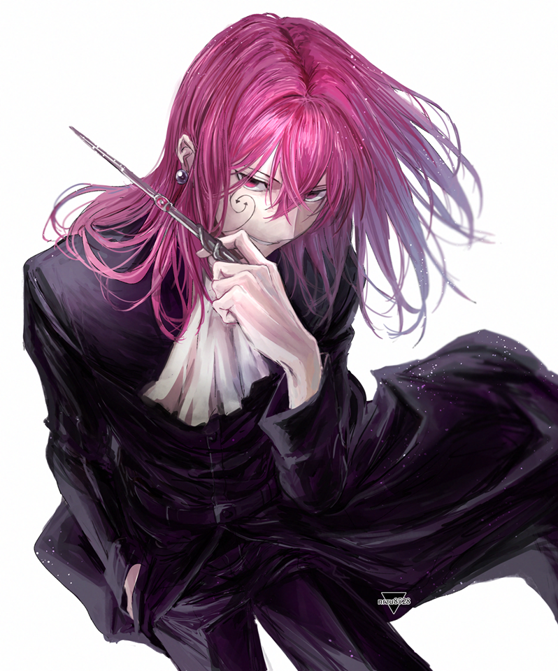 1boy, ascot, black_coat, coat, domina_blowelive, facial_mark, holding, holding_wand, long_hair, long_sleeves, mashle, pants, pink_eyes, pink_hair, smile, solo, user_nrzu8258, wand, white_ascot, white_background