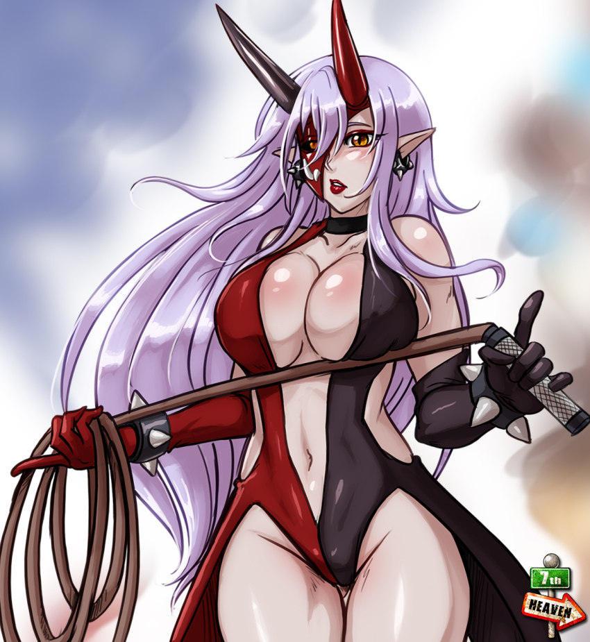 1girl, 7th-heaven, asymmetrical_gloves, asymmetrical_horns, black_gloves, black_horns, black_leotard, blurry