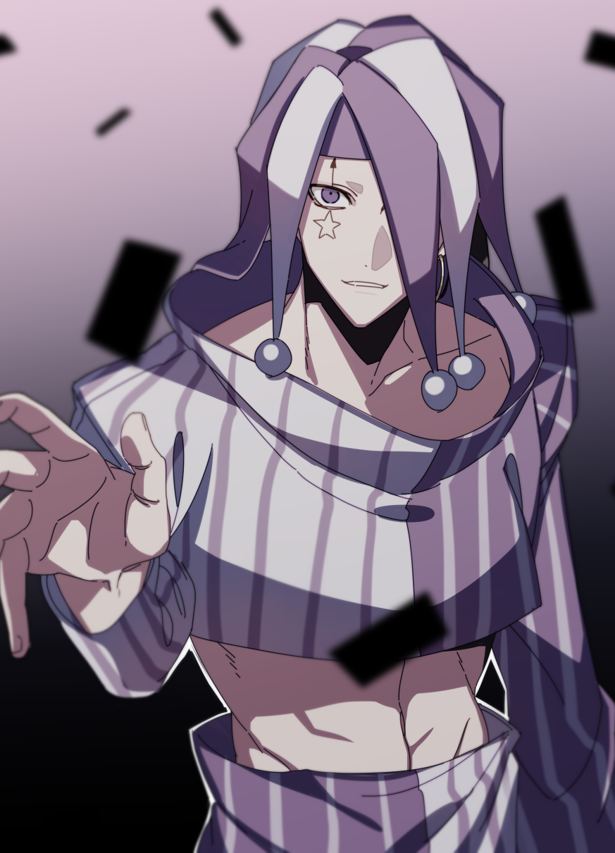 1boy, collarbone, cropped_shirt, facial_mark, famin_(mashle), hat, highres, jester