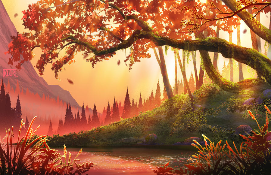 autumn, autumn_leaves, cattail, dawn, forest, kloir, lake, landscape