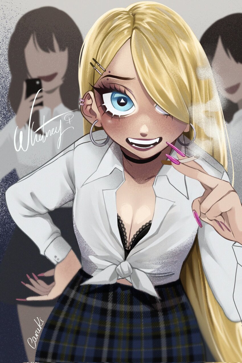 3girls, black_bra, black_choker, black_hair, blonde_hair, blue_eyes, bra, bra_peek