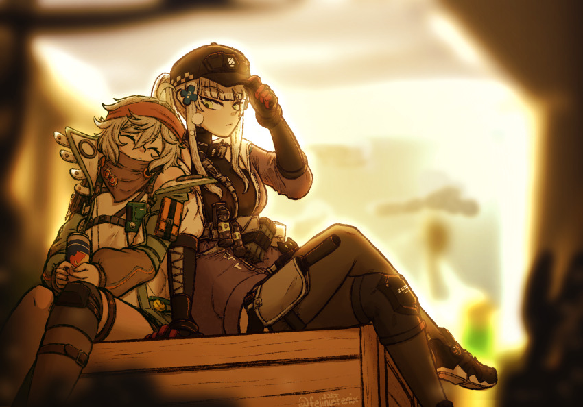2girls, absurdres, adjusting_clothes, adjusting_headwear, asymmetrical_legwear, bandana, baseball_cap, black_gloves, box, closed_eyes, crossed_legs, drink, energy_drink, felinusfenix, g11_(girls'_frontline), girls'_frontline, girls'_frontline_2:_exilium, gloves, green_eyes, grey_hair, hat, headband, highres, hk416_(girls'_frontline), holding, holding_drink, jacket, klukai_(girls'_frontline_2), knee_pads, leaning_on_person, looking_at_another, mechty_(girls'_frontline_2), multiple_girls, on_box, open_clothes, open_jacket, ponytail, red_bandana, sitting, sitting_on_box, sleeping