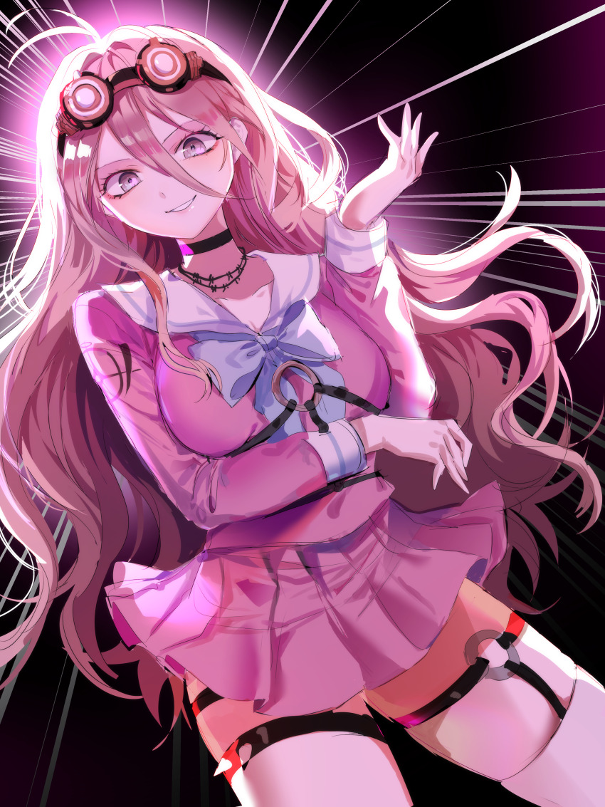 1girl, absurdres, antenna_hair, barbed_wire, black_choker, blonde_hair, blue_bow, bow