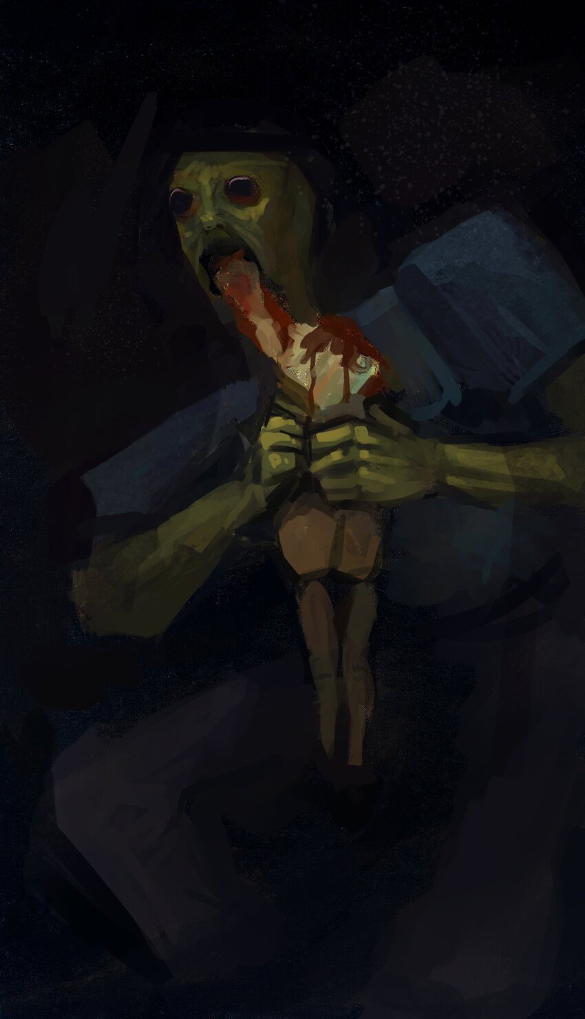 absurdres, amputee, aqua_shirt, ass, black_background, blood, blue_pants, corpse, creature, guro, highres, looking_to_the_side, minecraft, no_eyes, pants, saturn_devouring_his_son, shirt, vei0_deseho, zombie, zombie_(minecraft)