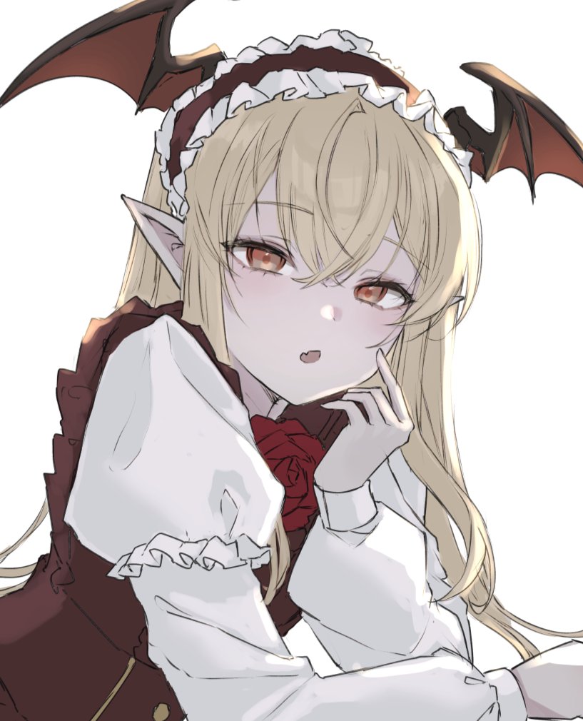 1girl, blonde_hair, brown_vest, demon_wings, flower, granblue_fantasy, hairband, head_rest, head_wings, ichuka, juliet_sleeves, long_hair, long_sleeves, looking_at_viewer, lying, on_stomach, pointy_ears, puffy_sleeves, red_eyes, red_flower, red_rose, rose, shirt, simple_background, solo, upper_body, vampy, vest, white_background, white_shirt, wings