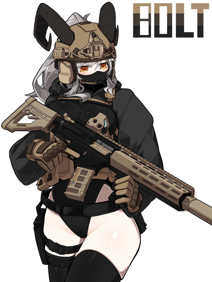 1girl, absurdres, assault_rifle, assault_visor, black_horns, black_leotard, black_thighhighs, bolt_(min_lona)