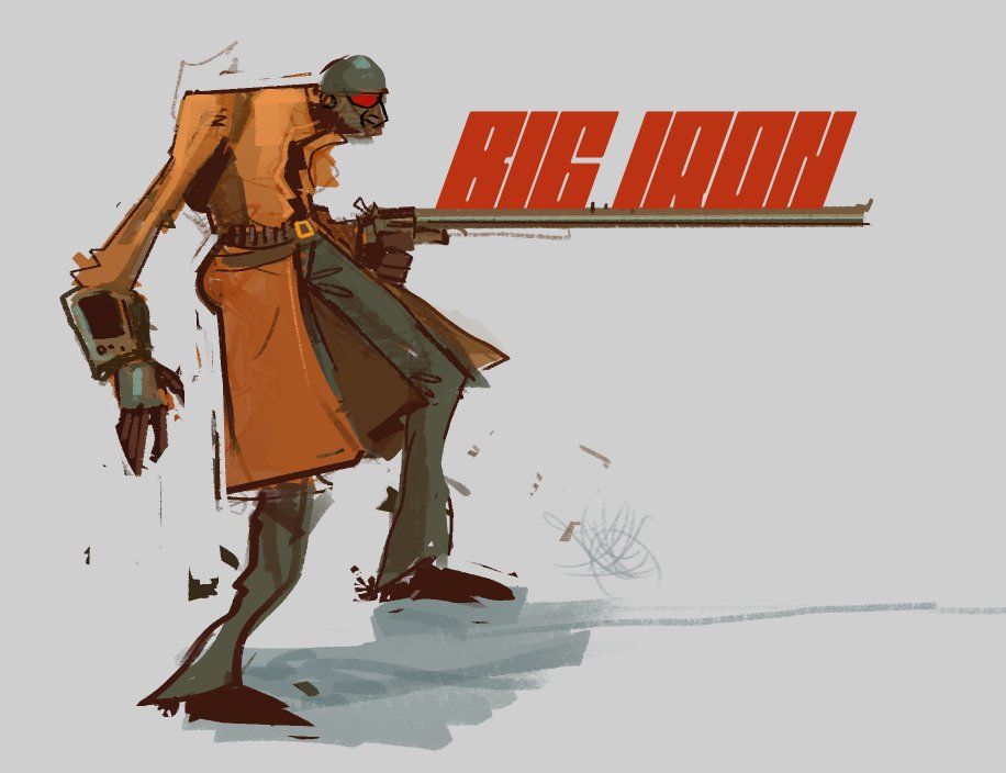 belt, courier_(fallout:_new_vegas), english_text, fallout, fallout:_new_vegas, full_body, gun, handgun, helmet, holding, holding_gun, holding_weapon, long_barrel, looking_to_the_side, ncr_veteran_ranger, pip_boy, revolver, vei0_deseho, weapon