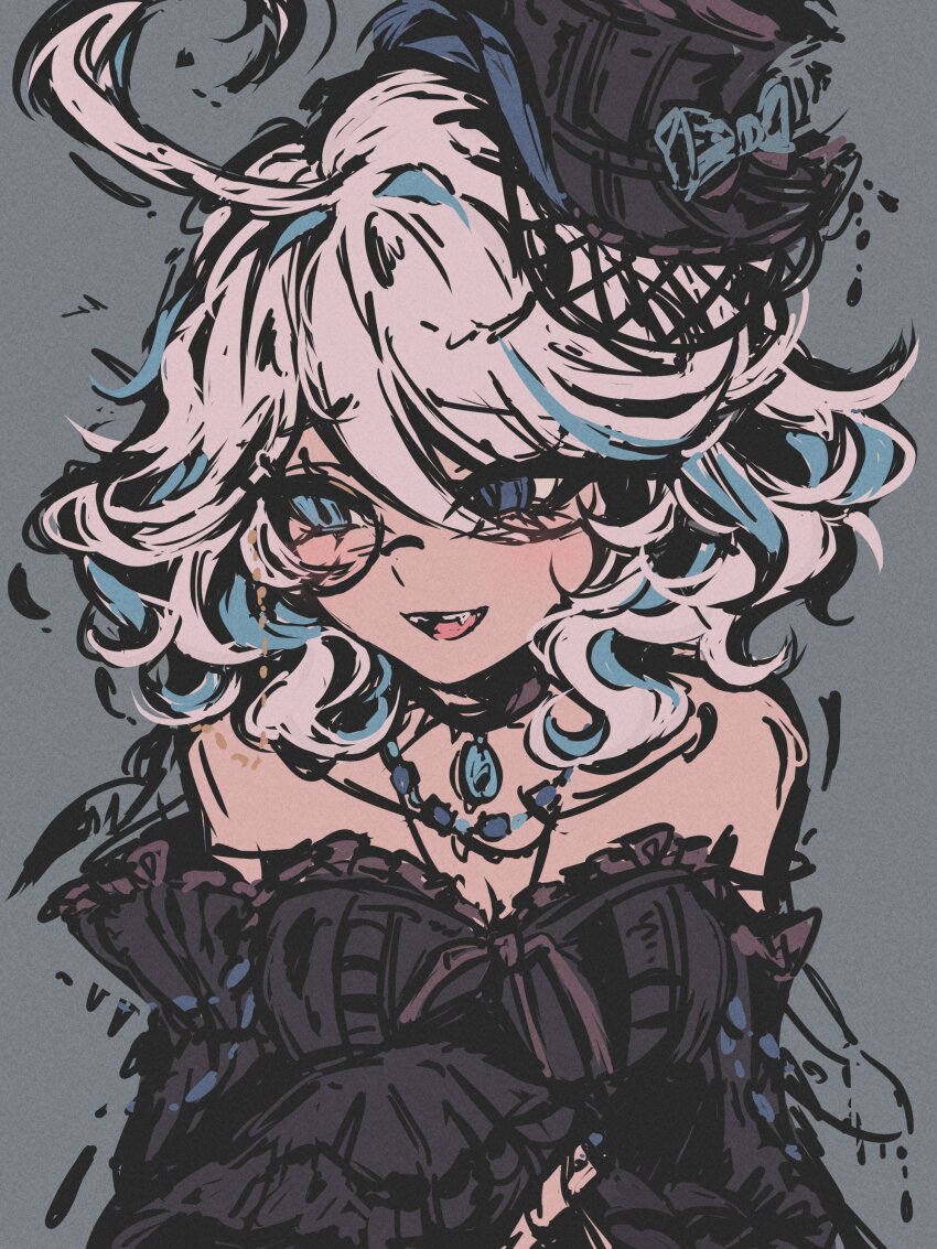 1girl, :d, absurdres, ahoge, alternate_costume, bare_shoulders, black_dress, black_hat