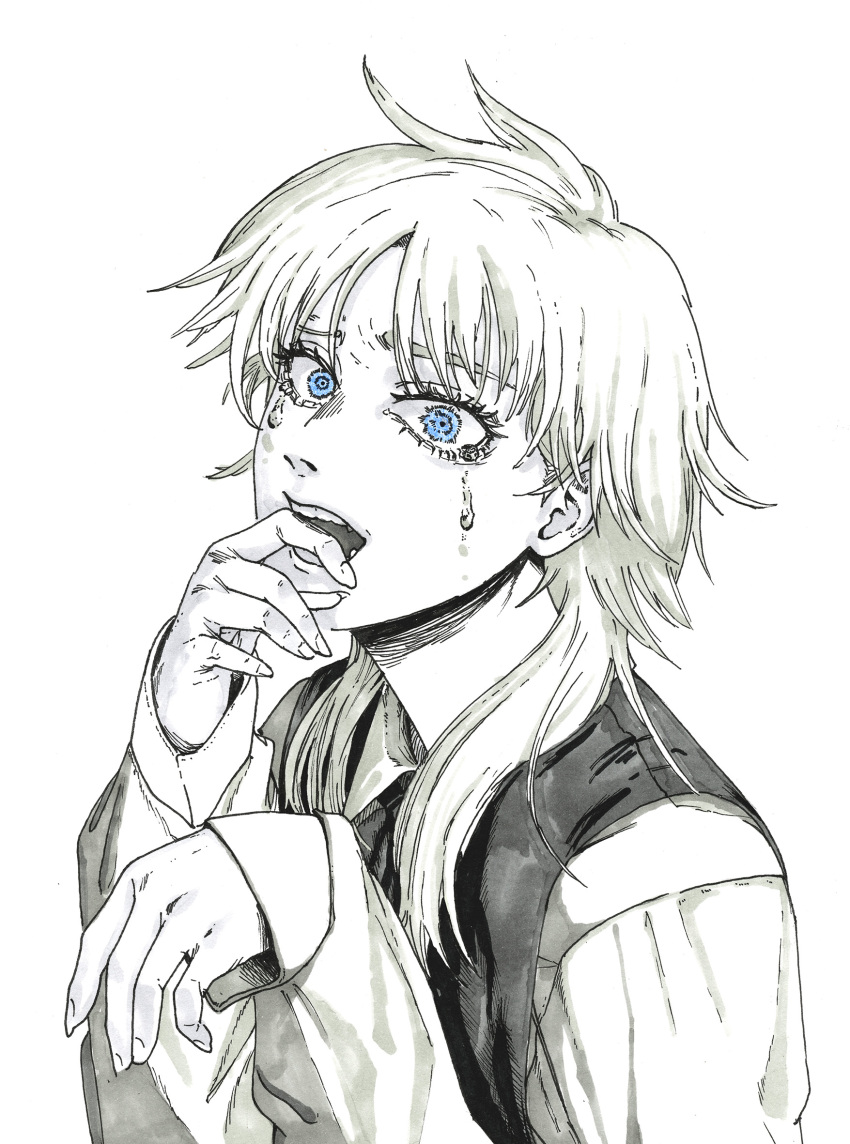 1girl, blue_eyes, chainsaw_man, collared_shirt, commentary, crying, crying_with_eyes_open, death_devil_(chainsaw_man)