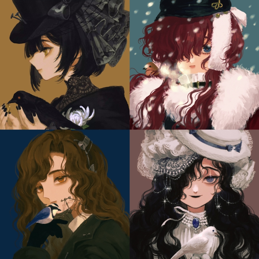 4girls, absurdres, animal, animal_on_shoulder, bird, bird_on_hand, bird_on_shoulder, black_bird