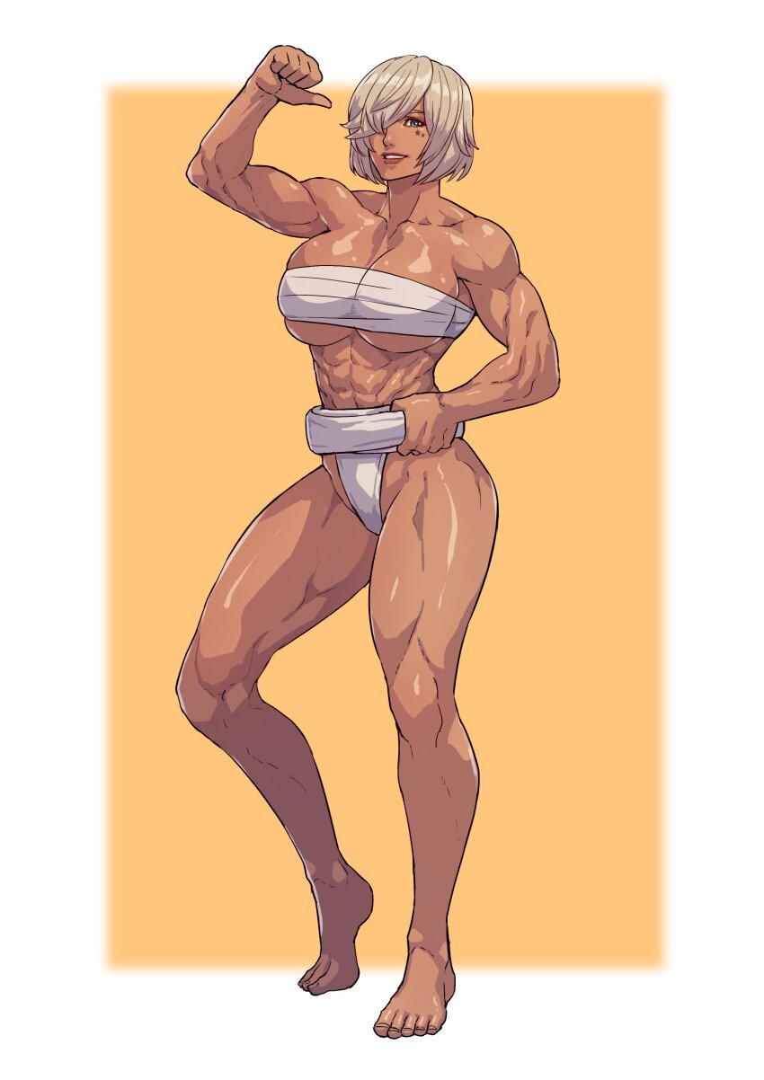 1girl, absurdres, blonde_hair, blue_eyes, blurry, blurry_background, border, chest_sarashi, cirenk, commission, dark-skinned_female, dark_skin, facial_tattoo, full_body, hair_over_one_eye, highres, holding_mawashi, mawashi, muscular, muscular_female, original, pointing, pointing_at_self, sarashi, second-party_source, short_hair, solo, standing, sumo, tattoo, vilvet_(sulyvann24), white_border, yellow_background