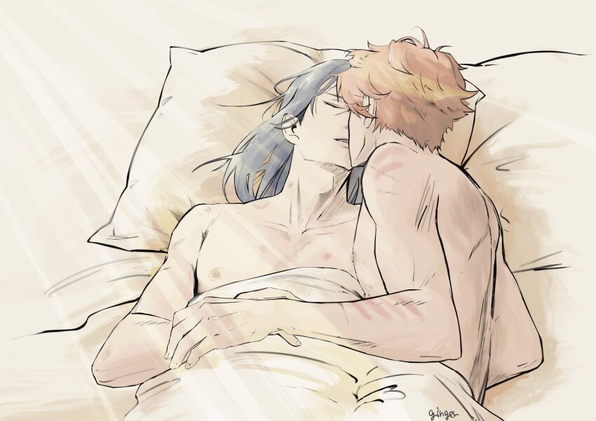 2boys, adam's_apple, bed_sheet, bite_mark, blue_hair, closed_eyes, collarbone, commentary_request