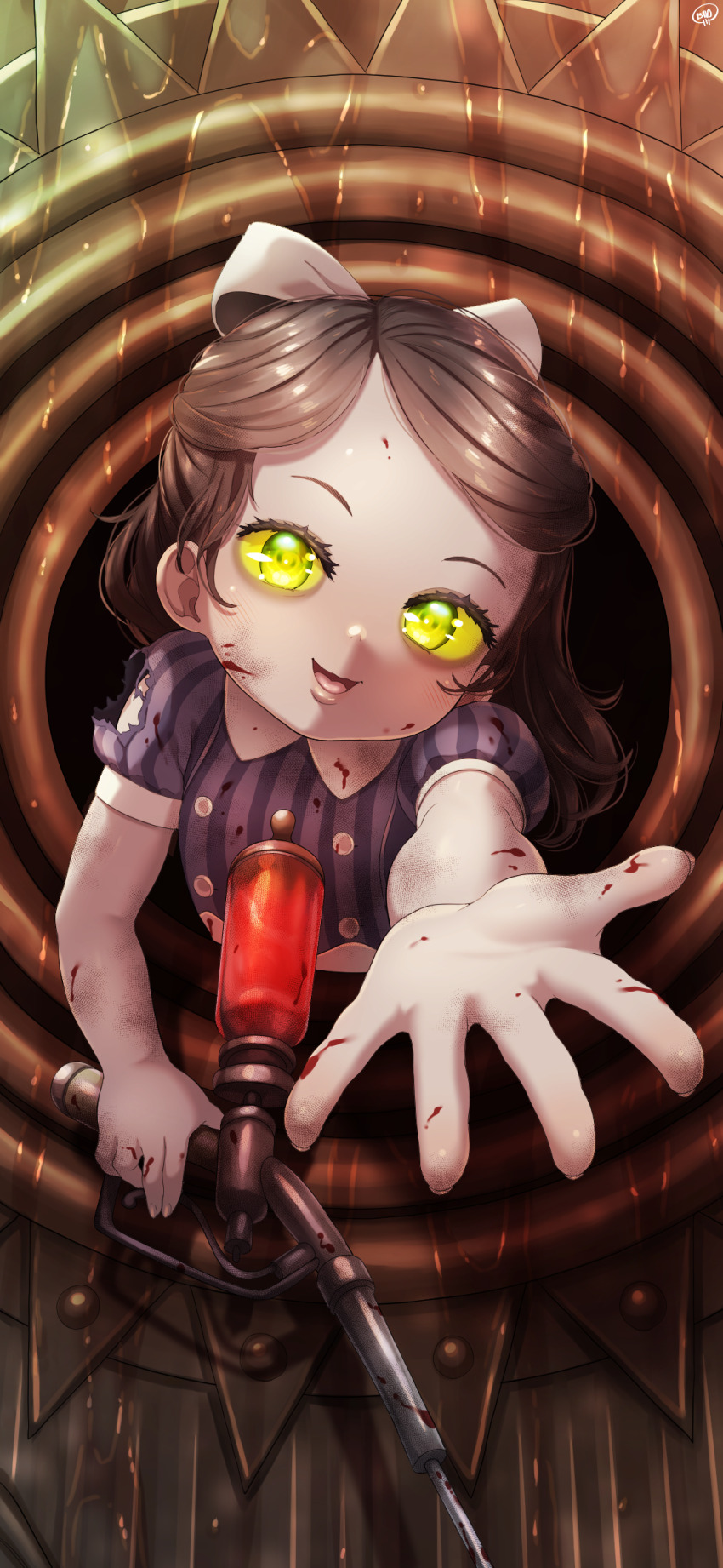 1girl, animification, bioshock_(series), black_hair, blood, blood_on_clothes, blood_on_face, blood_on_hands