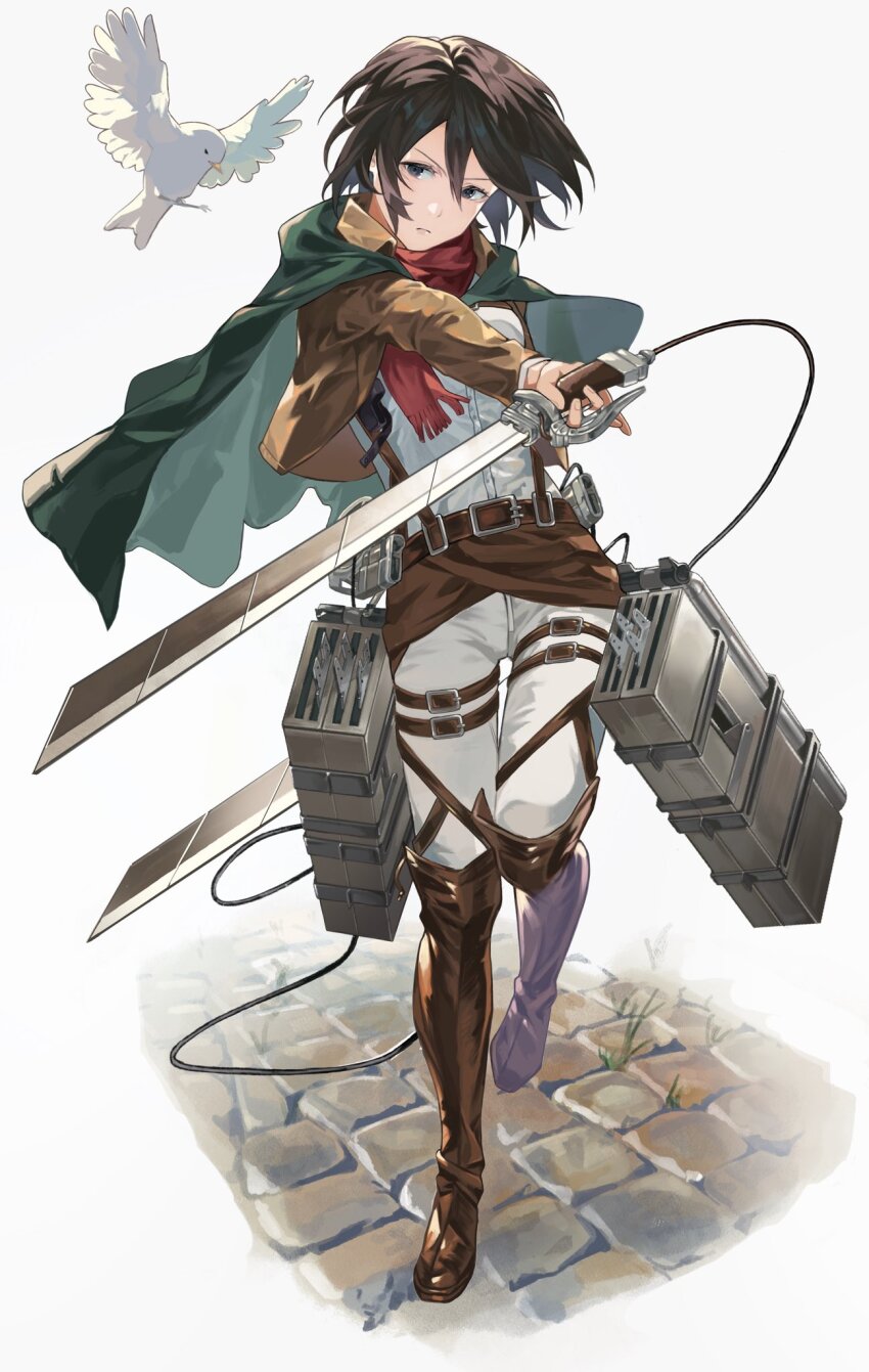 1girl, belt, belt_buckle, bird, black_eyes, black_hair, black_skirt, boots