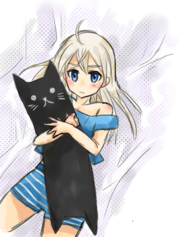 1girl, bad_id, bad_pixiv_id, bed, blonde_hair, blue_eyes, blush, cat, eila_ilmatar_juutilainen, female_focus, hug, kiyomaru, long_hair, lying, solo, strap_slip, strike_witches, stuffed_animal, stuffed_toy, white_background, world_witches_series