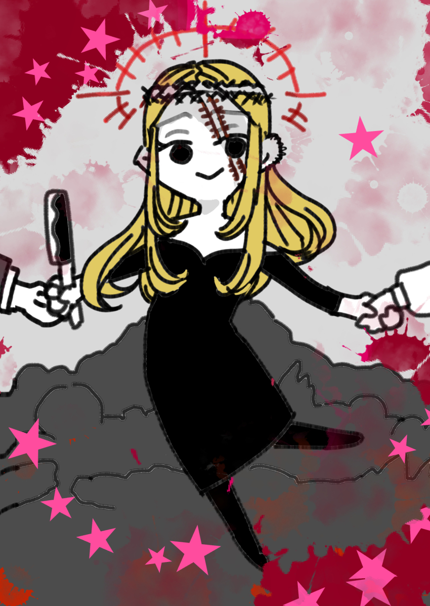 1girl, black_dress, blonde_hair, dress, ear_piercing, highres, holding, holding_hands