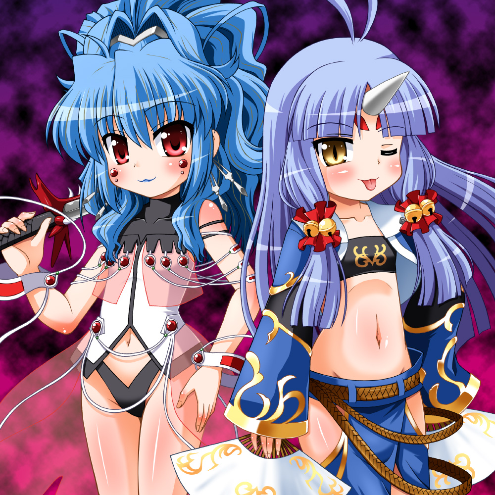 2girls, :p, alfimi, banpresto, blue_hair, facial_mark, hand_fan, hino_hino