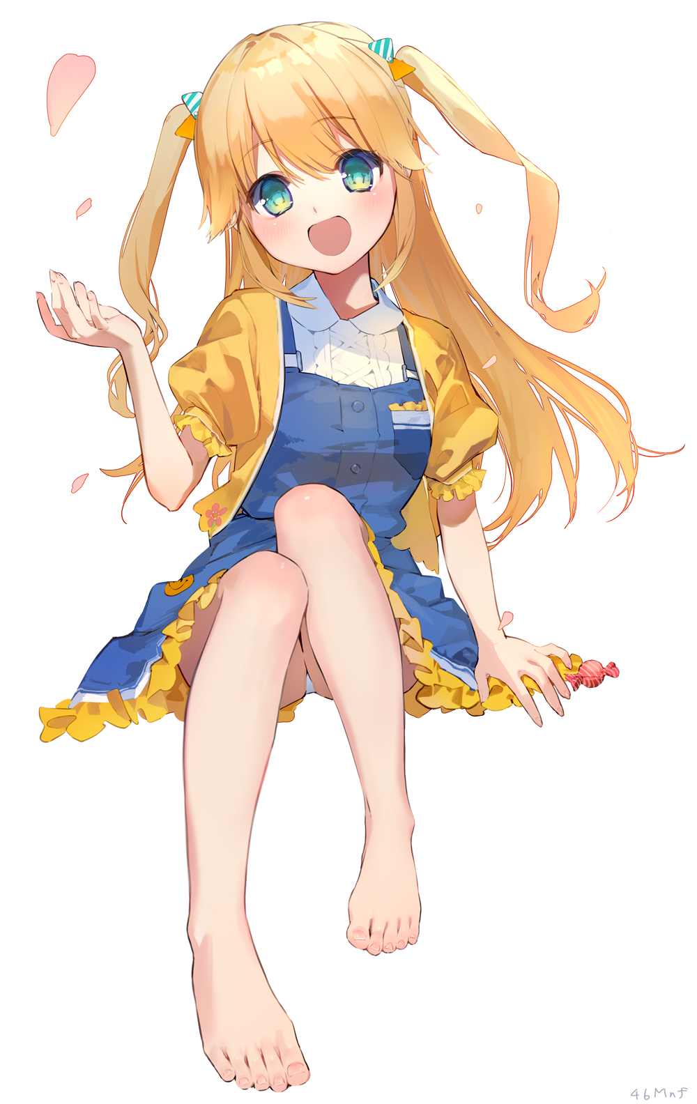 1girl, :d, aqua_eyes, artist_name, barefoot, blonde_hair, blue_dress, blush