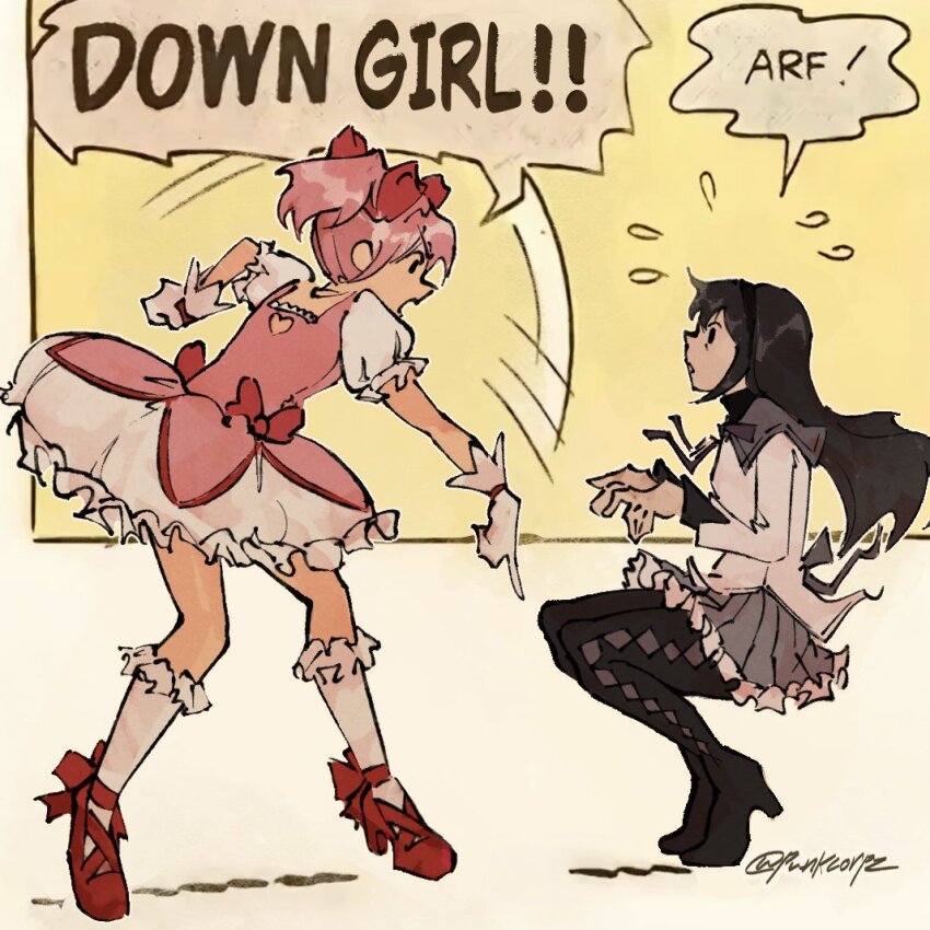 2girls, akemi_homura, akemi_homura_(magical_girl), argyle_clothes, argyle_pantyhose, artist_name, black_hair, bow, commentary, down_boy!!_(meme), english_commentary, english_text, frilled_socks, frills, from_side, gloves, grey_skirt, hair_ribbon, hairband, high_heels, kaname_madoka, kaname_madoka_(magical_girl), long_hair, long_sleeves, magical_girl, mahou_shoujo_madoka_magica, meme, multiple_girls, pantyhose, paw_pose, pink_hair, pleated_skirt, pointing, pointing_down, profile, puffy_short_sleeves, puffy_sleeves, punkcorpz, red_bow, red_ribbon, ribbon, school_uniform, short_hair, short_sleeves, short_twintails, skirt, socks, speech_bubble, squatting, strappy_heels, twintails, twitter_username, v-shaped_eyebrows, white_gloves, white_socks, yellow_background