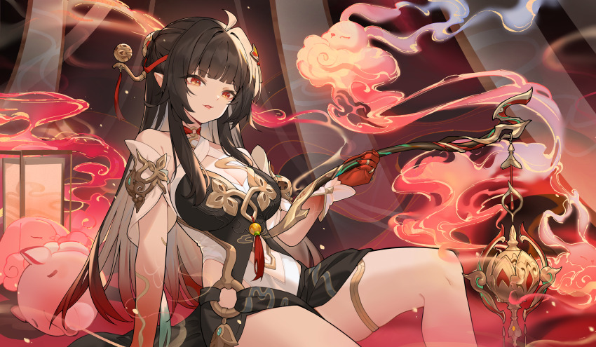 1girl, absurdres, bare_shoulders, black_hair, breasts, china_dress, chinese_clothes, cleavage