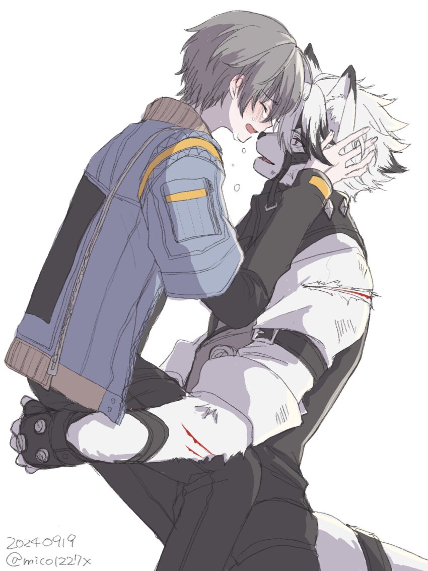 2boys, animal_ear_fluff, belt, black_gloves, black_pants, black_shirt, black_vest, blood, blue_jacket, blush, carrying, carrying_person, closed_eyes, collared_vest, commentary_request, crying, cuts, feet_out_of_frame, fingerless_gloves, forehead-to-forehead, from_side, furry, furry_male, gloves, grey_hair, hands_on_another's_face, heads_together, highres, injury, interspecies, jacket, layered_sleeves, long_sleeves, looking_at_another, male_focus, mico1227x, multiple_boys, open_mouth, pants, popped_collar, red_eyes, shirt, short_over_long_sleeves, short_sleeves, signature, sleeve_cuffs, tail_belt, tears, vest, von_lycaon, white_shirt, wise_(zenless_zone_zero), yaoi, zenless_zone_zero, zipper