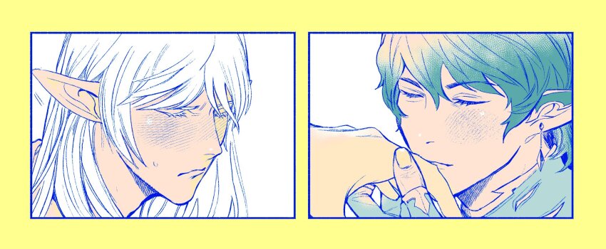 2boys, :/, aymeric_de_borel, closed_eyes, commentary_request, earrings, elezen, elf, estinien_varlineau, final_fantasy, final_fantasy_xiv, from_side, goranshin, hair_between_eyes, highres, holding_hands, jewelry, kiss, kissing_hand, limited_palette, long_pointy_ears, male_focus, multiple_boys, piercing, pointy_ears, sweatdrop, yaoi