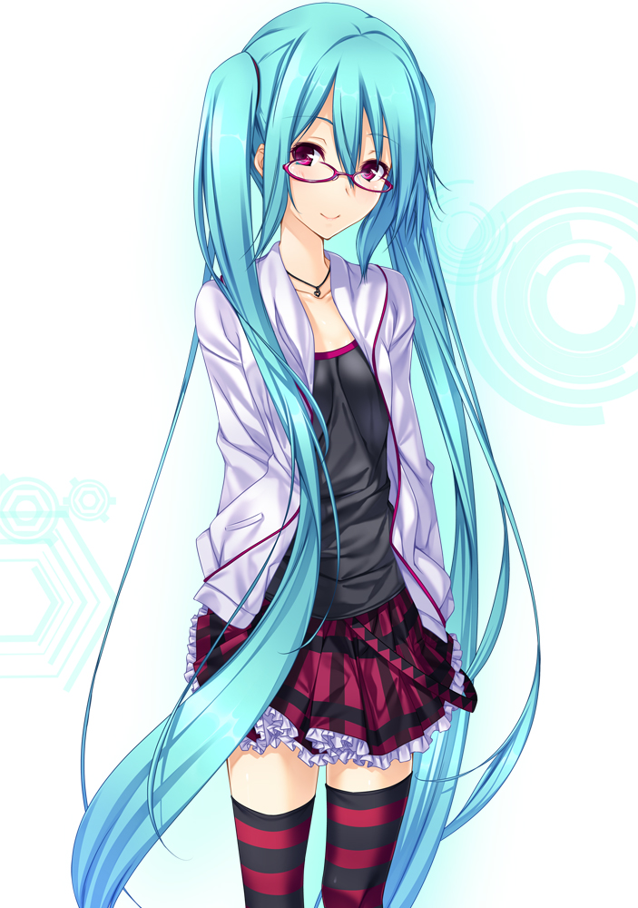 1girl, aqua_hair, ayatudura, female_focus, glasses, hatsune_miku, jewelry, kocchi_muite_baby_(vocaloid)
