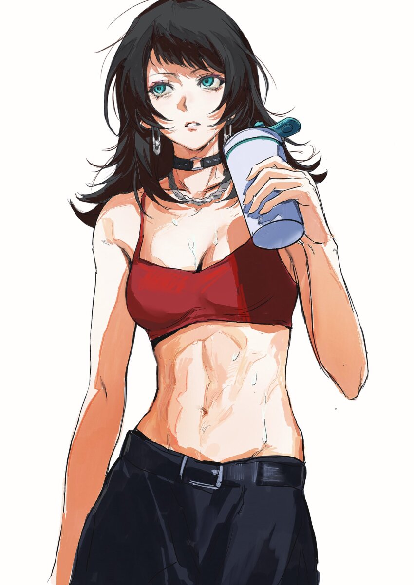 1girl, abs, bang_dream!, bang_dream!_it's_mygo!!!!!, bare_arms, belt, black_hair, black_pants, blue_eyes, bottle, chain, chain_necklace, choker, commentary, earrings, hashtag-only_commentary, highres, holding, holding_bottle, jewelry, long_hair, midriff, necklace, o-ring, o-ring_choker, pants, parted_lips, red_sports_bra, shaker_bottle, simple_background, solo, sports_bra, sweat, toned, toned_female, water_bottle, white_background, xiaorourose, yahata_umiri