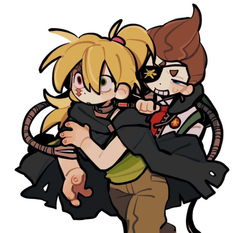 1boy, 1girl, blonde_hair, brown_hair, cindy_vortex, cloak, eyepatch, heterochromia