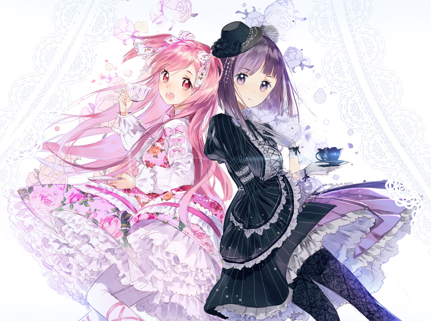 2girls, :o, accurate_lolita_coord, alternate_costume, back-to-back, black_dress, black_pantyhose, blackberry_cookie, bow, cherry_blossom_cookie, commentary, cookie_run, cowboy_shot, cross-laced_clothes, cup, dress, floral_background, floral_print, flower, glove_bow, gloves, gothic_lolita, hair_bow, hand_on_own_chest, hat, hat_flower, holding, holding_cup, holding_saucer, humanization, juliet_sleeves, lace, lace_legwear, lace_pantyhose, line_cookie_run, lolita_fashion, long_hair, long_sleeves, looking_at_viewer, macciatto_(aciel02), medium_hair, mini_hat, multiple_girls, neck_ribbon, open_mouth, pantyhose, petticoat, photoshop_(medium), pink_bow, pink_eyes, pink_hair, pinstripe_pattern, puffy_sleeves, purple_eyes, purple_hair, ribbon, saucer, simple_background, sleeve_bow, sweet_lolita, tea_cup_(cookie_run), teacup, teeth, tilted_headwear, two_side_up, upper_teeth_only, white_gloves, white_pantyhose