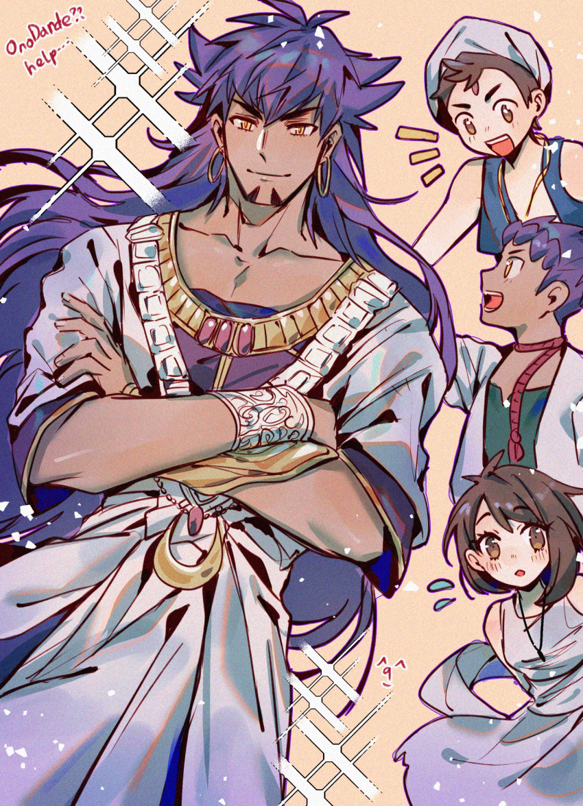 1girl, 3boys, aladdin_(magi), aladdin_(magi)_(cosplay), alibaba_saluja, alibaba_saluja_(cosplay), brown_background, chiyo_(miichiyochin)