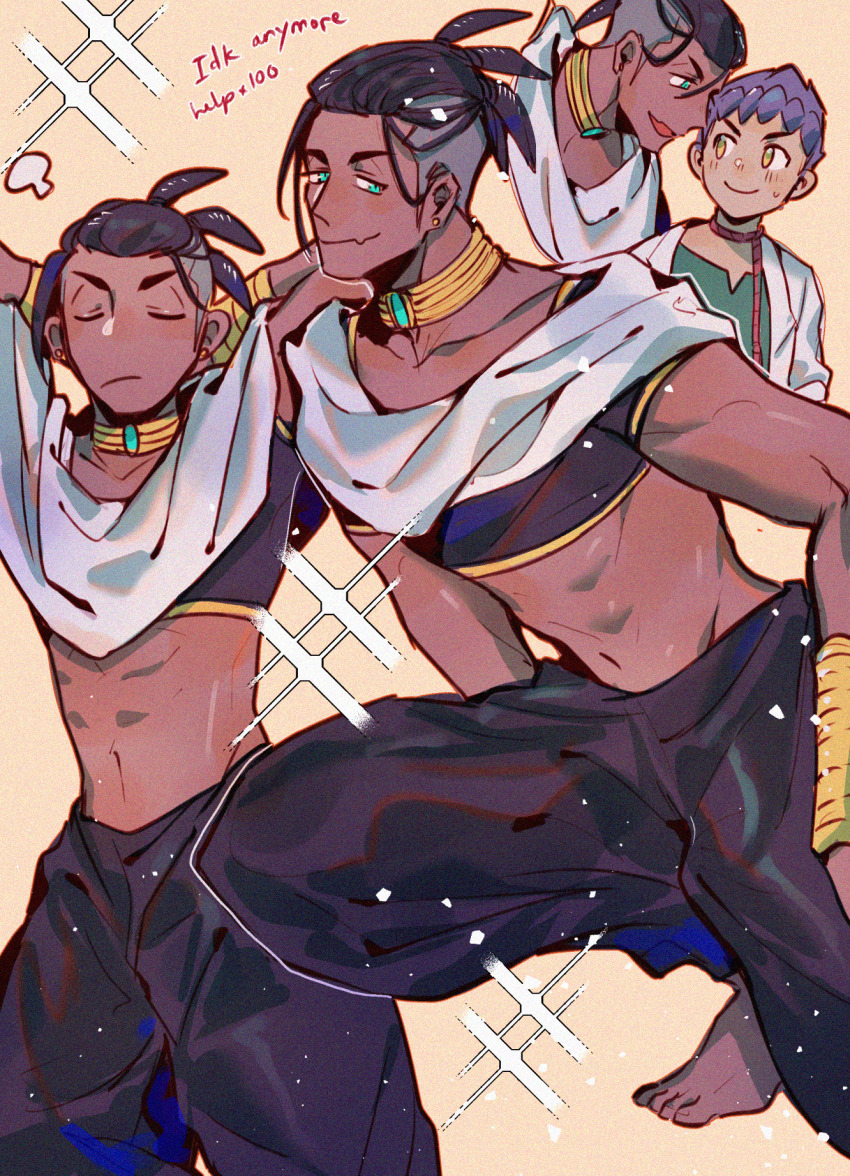 2boys, alibaba_saluja, alibaba_saluja_(cosplay), arms_behind_head, arms_up, black_pants, blue_eyes, chiyo_(miichiyochin)