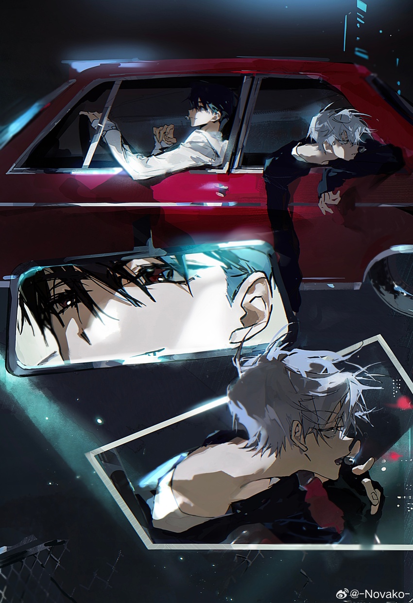 2boys, absurdres, alien_stage, artist_name, black_eyes, black_gloves, black_hair, black_shirt