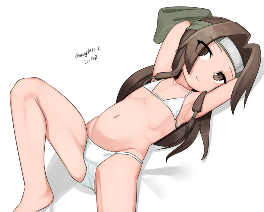 1girl, absurdres, aged_down, arms_behind_head, bikini, brown_eyes, brown_hair, dated, feet_out_of_frame, flat_chest, forehead_protector, green_headband, hair_intakes, headband, highres, jintsuu_(kancolle), jintsuu_kai_ni_(kancolle), kantai_collection, loli, long_hair, maru_(marg0613), simple_background, solo, swimsuit, twitter_username, white_background, white_bikini