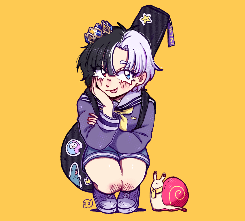 1girl, :p, absurdres, black_hair, blue_eyes, blush, character_sticker, chromashift