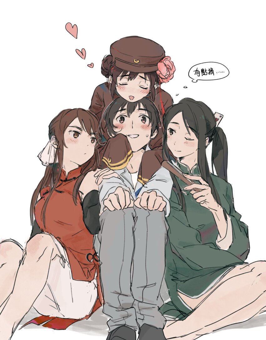 1boy, 3girls, absurdres, arm_warmers, axis_powers_hetalia, barefoot, black_hair, black_socks