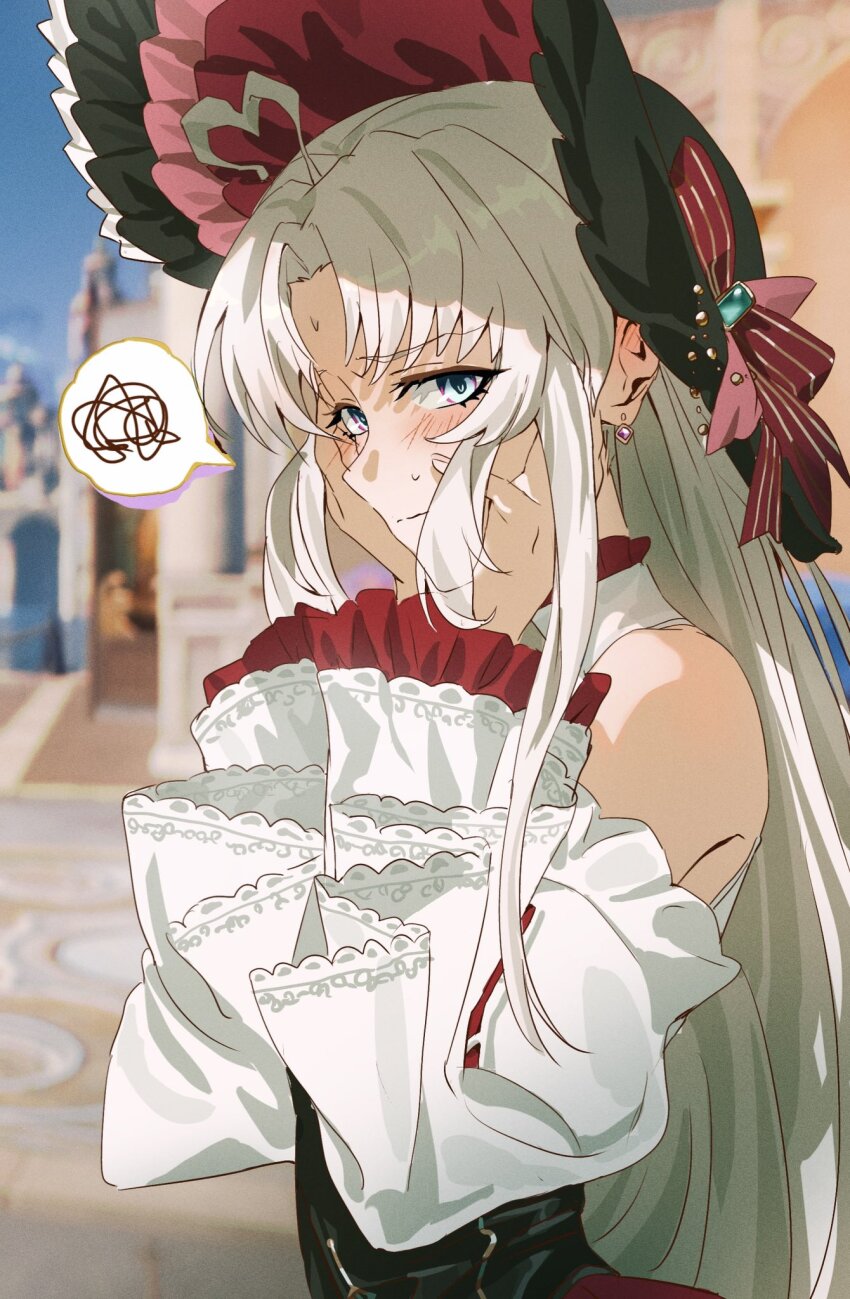 1girl, ahoge, alternate_costume, bare_shoulders, black_bonnet, blue_eyes, blue_sky, blush