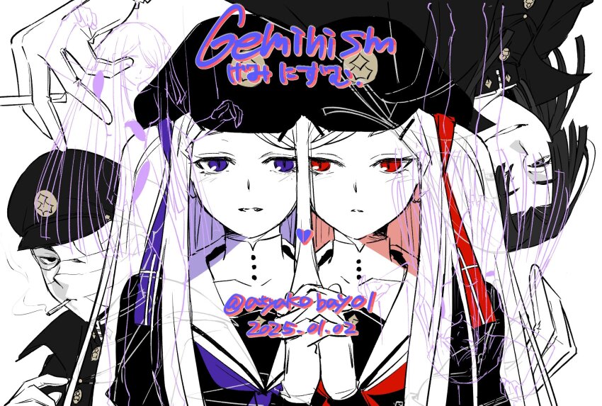 2boys, 2girls, :d, atyakodayo1, bandaged_head, bandages, blue_eyes, blue_neckerchief