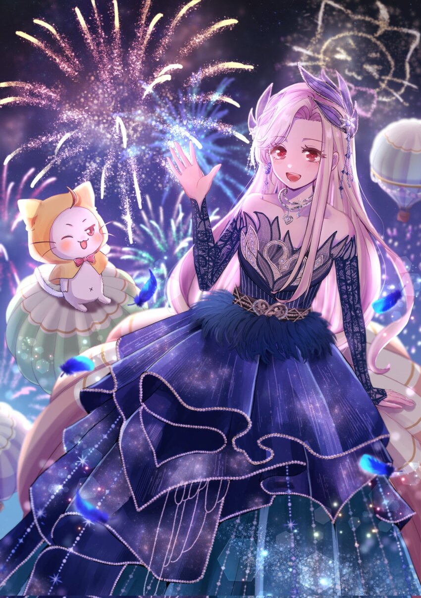 ahoge, aircraft, animal, animal_print, bare_shoulders, bird, bird_print, blue_dress, blue_sleeves, bow, bowtie, brown_eyes, cat, cloak, clothed_animal, commentary_request, detached_sleeves, dress, ear_covers, earrings, eyelashes, fairytale_swan_(infinity_nikki), feather-trimmed_dress, feather-trimmed_sleeves, feather_hair_ornament, feathers, fireworks, gown, hair_ornament, hand_up, happy, highres, hood, hood_up, hooded_cloak, hot_air_balloon, infinity_nikki, jewelry, lace, lace_sleeves, long_hair, long_sleeves, looking_at_viewer, momo_(nikki), necklace, night, nikki_(nikki), nikki_(series), official_alternate_color, one_eye_closed, outdoors, red_bow, red_bowtie, single_sidelock, sitting, sky, strapless, strapless_dress, swan, traditional_bowtie, very_long_hair, white_cat, white_hair, yachi_(ryz9v), yellow_cloak