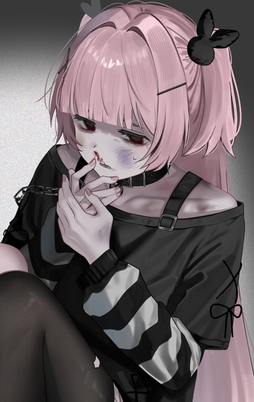 1girl, akanei6no_sora, black_collar, black_pantyhose, blood, blood_on_face, bruise, bruise_on_face