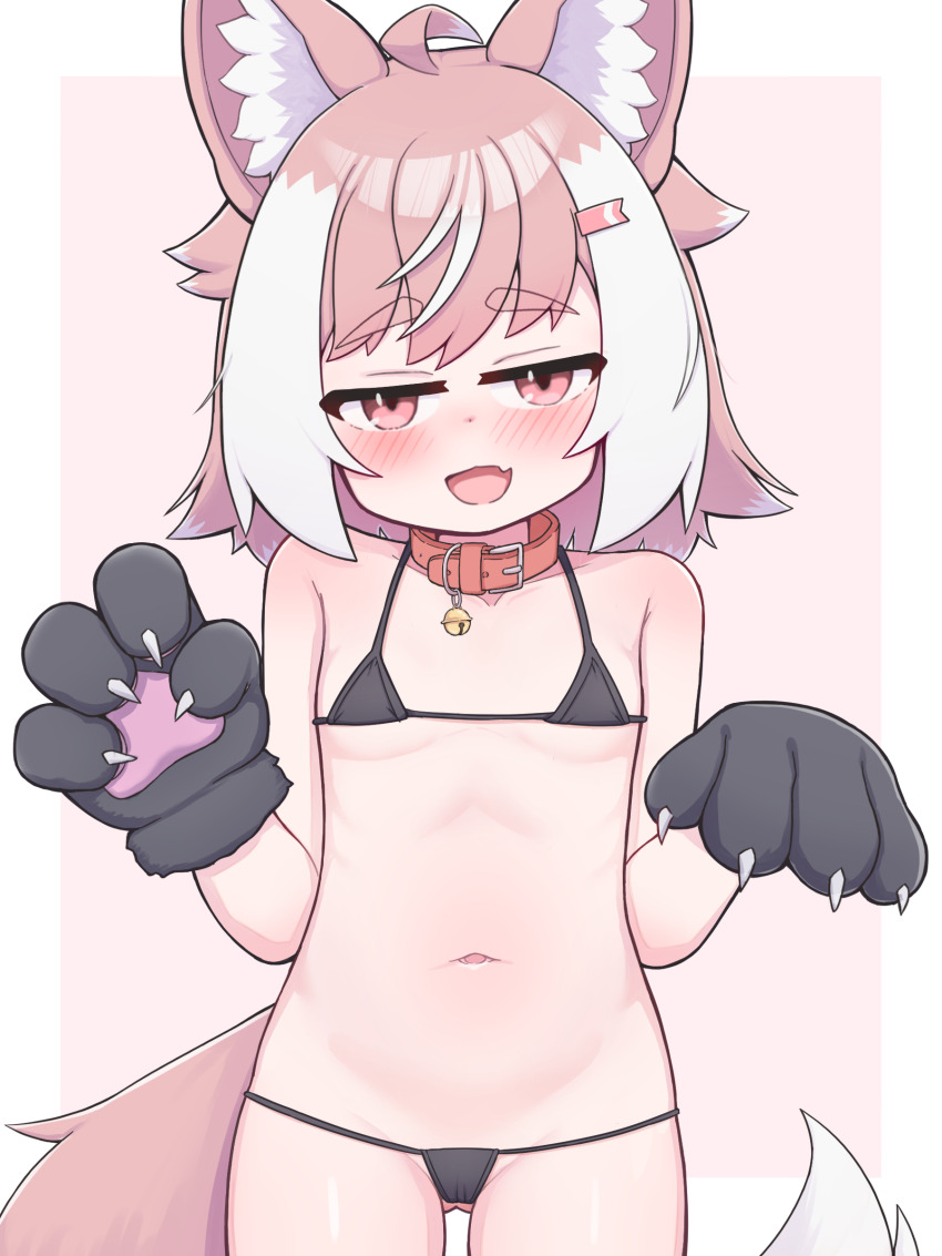 1girl, :d, absurdres, animal_ears, animal_hands, bikini, black_bikini, claw_pose