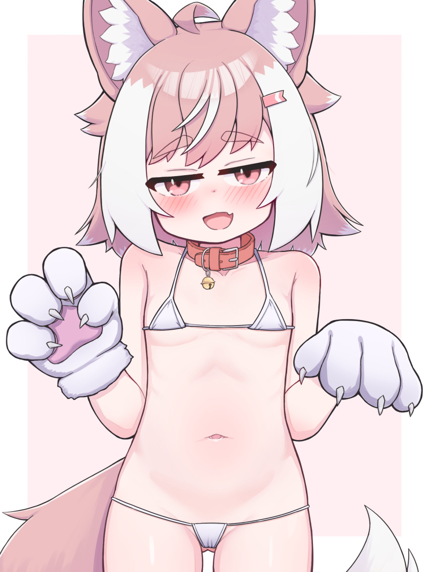 1girl, :d, absurdres, animal_ears, animal_hands, bikini, claw_pose, collar