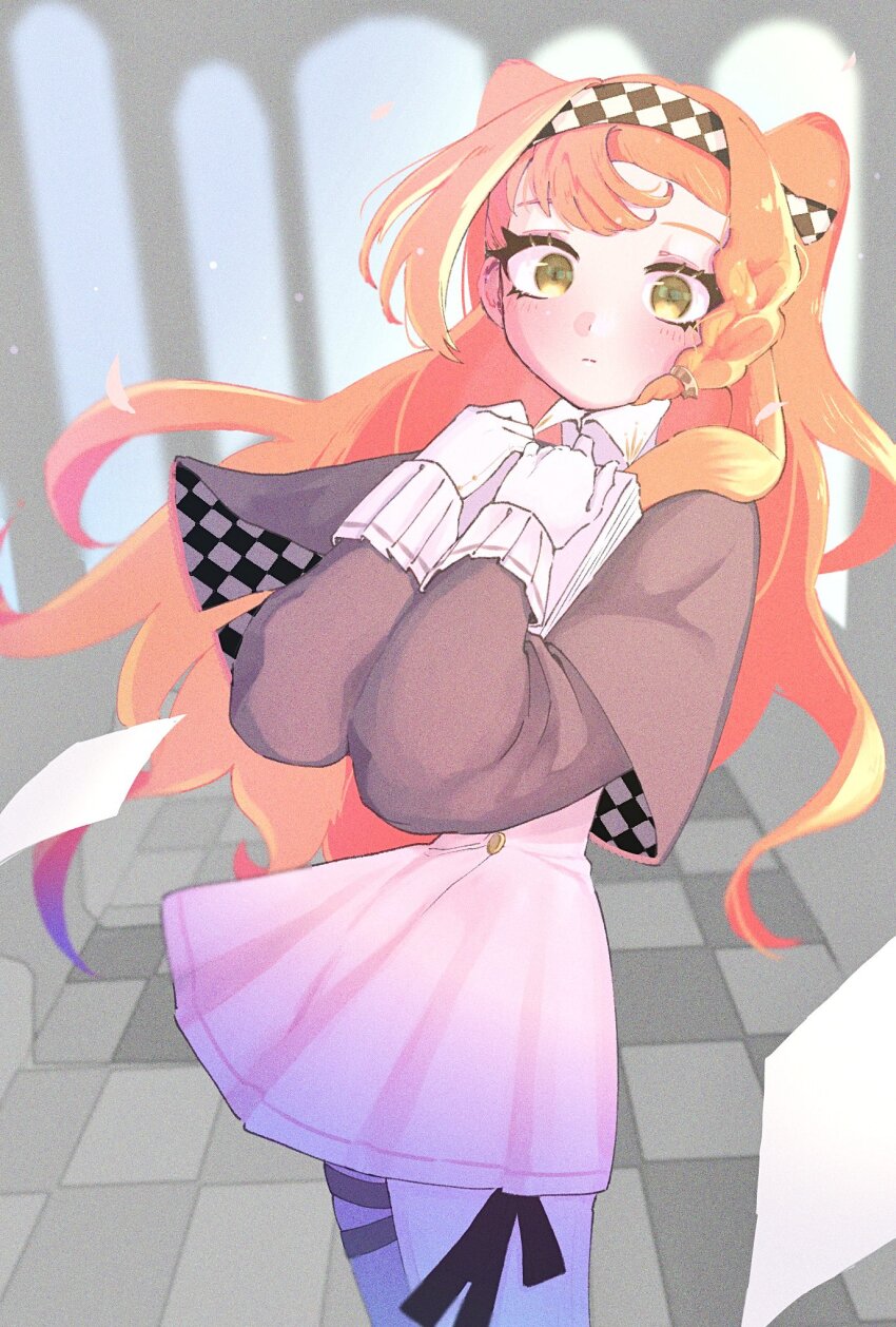 1girl, blurry, blurry_background, book, checkered_hairband, closed_mouth, cowboy_shot, dress, gloves, green_eyes, grey_cloak, grey_sleeves, hairband, hands_up, highres, holding, holding_book, hugging_book, hugging_object, indoors, long_hair, orange_hair, pants, pants_under_dress, reverse:1999, s_(shitokoukous), short_dress, solo, sonetto_(reverse:1999), tile_floor, tiles, two_side_up, very_long_hair, white_dress, white_gloves, white_pants, window