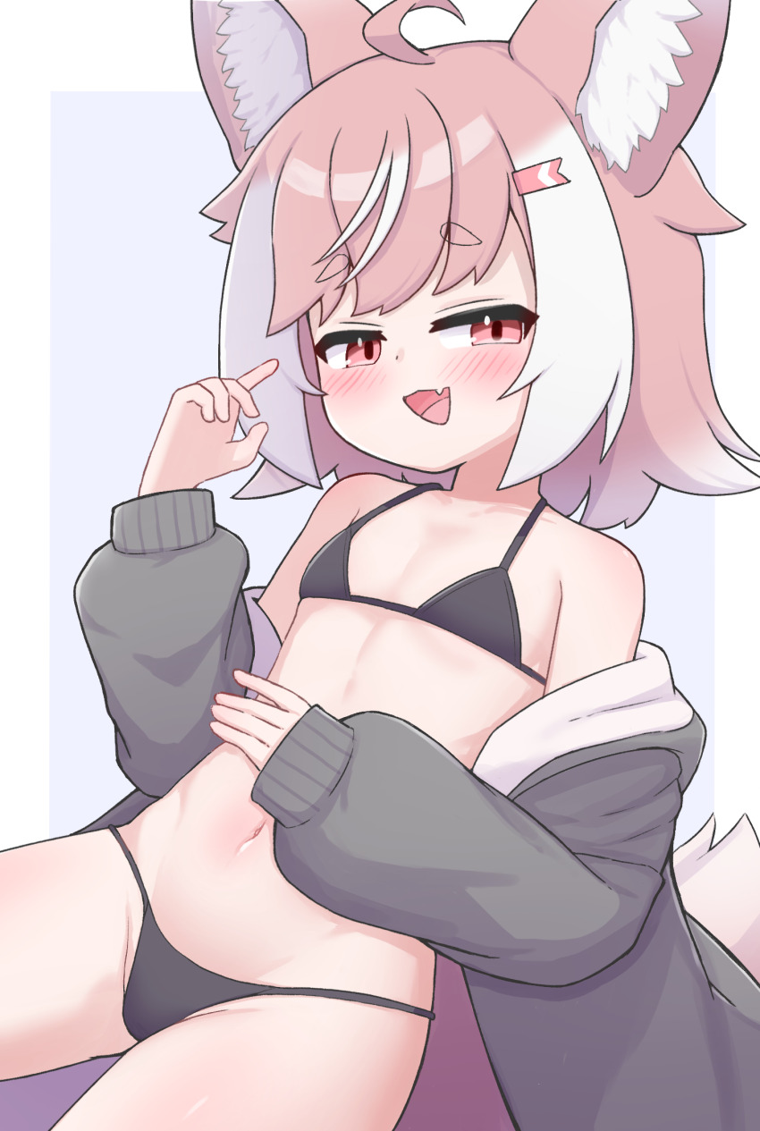 1girl, :d, animal_ears, bikini, black_bikini, fang, flat_chest, grey_hoodie
