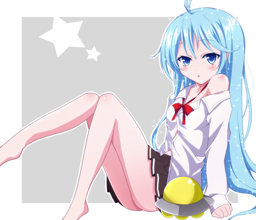 10s, 1girl, :o, ahoge, antenna_hair, bare_legs, bare_shoulders, barefoot, blue_eyes, blue_hair, blush, bow, denpa_onna_to_seishun_otoko, female_focus, long_hair, matching_hair/eyes, off_shoulder, open_clothes, open_mouth, school_uniform, shunmin, sitting, skirt, solo, touwa_erio, ufo, very_long_hair