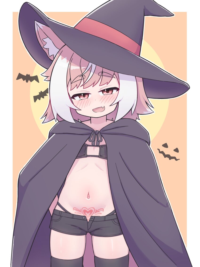 1girl, :d, animal_ears, bat_(animal), black_bra, black_cloak, black_hat, black_panties