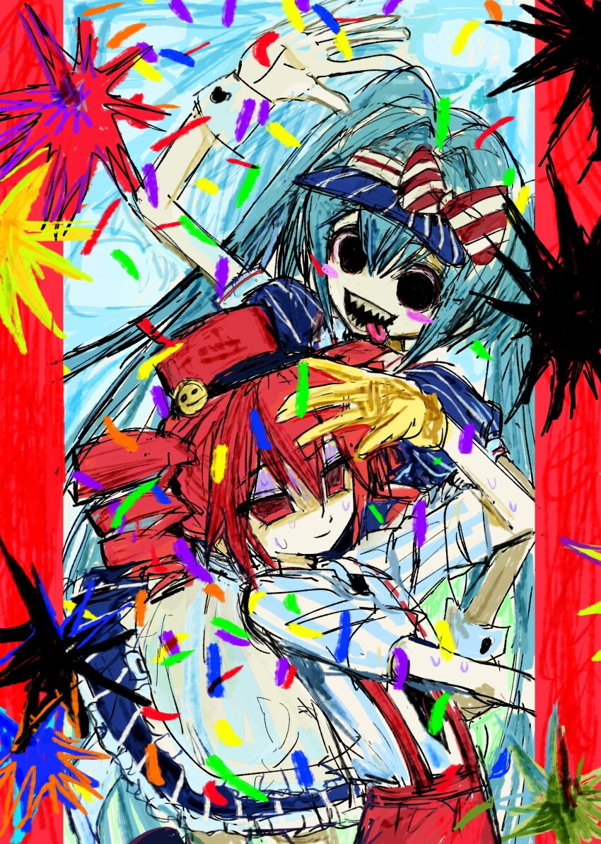 2girls, absurdres, arm_up, black_eyes, blue_dress, blush_stickers, bow, closed_mouth, confetti, dress, drill_hair, empty_eyes, gloves, hashtag-only_commentary, hat, hat_bow, hatsune_miku, highres, kasane_teto, long_hair, mesmerizer_(vocaloid), multiple_girls, noisy9p, open_mouth, red_eyes, red_hair, red_hat, red_shorts, shaded_face, shirt, short_sleeves, shorts, striped_clothes, striped_shirt, suspender_shorts, suspenders, sweat, twintails, utau, very_long_hair, visor_cap, vocaloid, wrist_cuffs, yellow_gloves