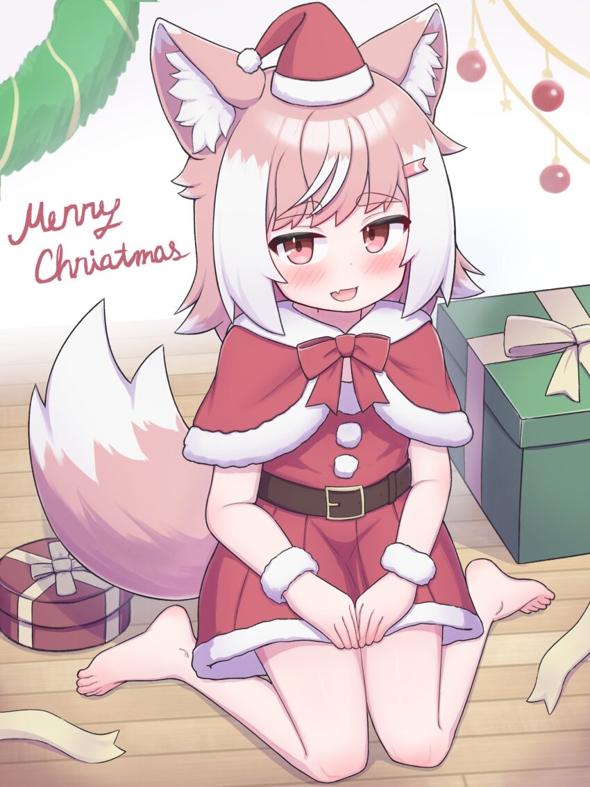 1girl, ;d, animal_ears, barefoot, belt, box, capelet, christmas, dress, fang, full_body, gift, gift_box, hat, highres, looking_at_viewer, medium_hair, multicolored_hair, one_eye_closed, open_mouth, original, pink_eyes, pink_hair, red_capelet, red_dress, red_hat, roro_(roshi_to), roshi_to, round_box, santa_costume, santa_dress, santa_hat, short_dress, sitting, skin_fang, smile, tail, two-tone_hair, wariza, white_hair, wolf_ears, wolf_girl, wolf_tail