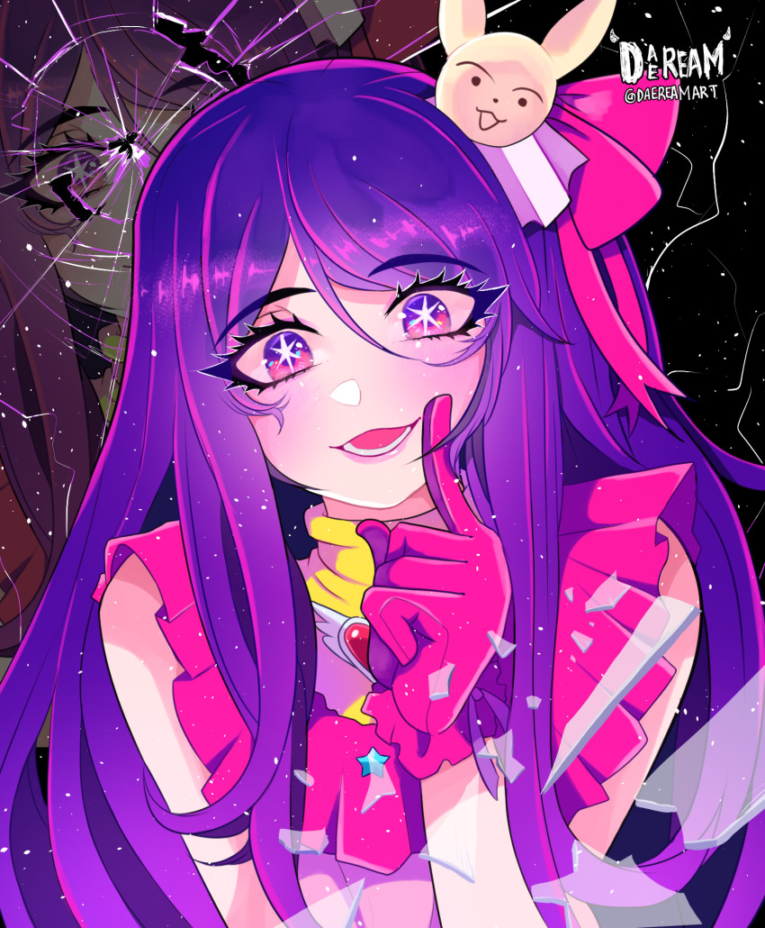 1girl, artist_logo, artist_name, bow, broken_glass, colored_eyelashes, daeream, dress, evil_smile, eyelashes, floral_bow_hair_ornament, glass, gloves, hair_ornament, highres, hoshino_ai, idol, idol_clothes, logo, long_hair, looking_at_viewer, multicolored_eyes, multicolored_hair, open_mouth, oshi_no_ko, pink_bow, pink_eyes, pink_gloves, pink_hair, purple_eyes, purple_hair, rabbit_hair_ornament, sidelocks, sleeveless, sleeveless_dress, smile, solo, solo_focus, star-shaped_pupils, star_(symbol), symbol-shaped_pupils, teeth, upper_body, zoom_layer